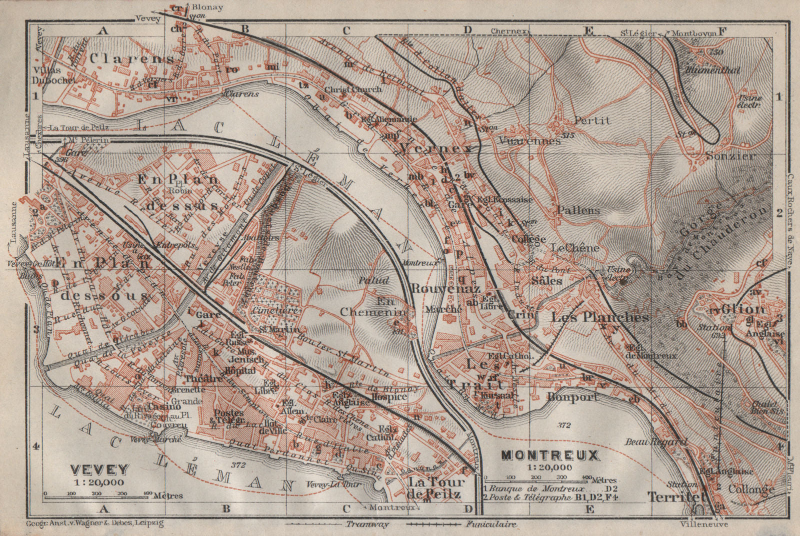 MONTREUX. VEVEY. Clarens. town city plan. Switzerland Suisse Schweiz 1911 map